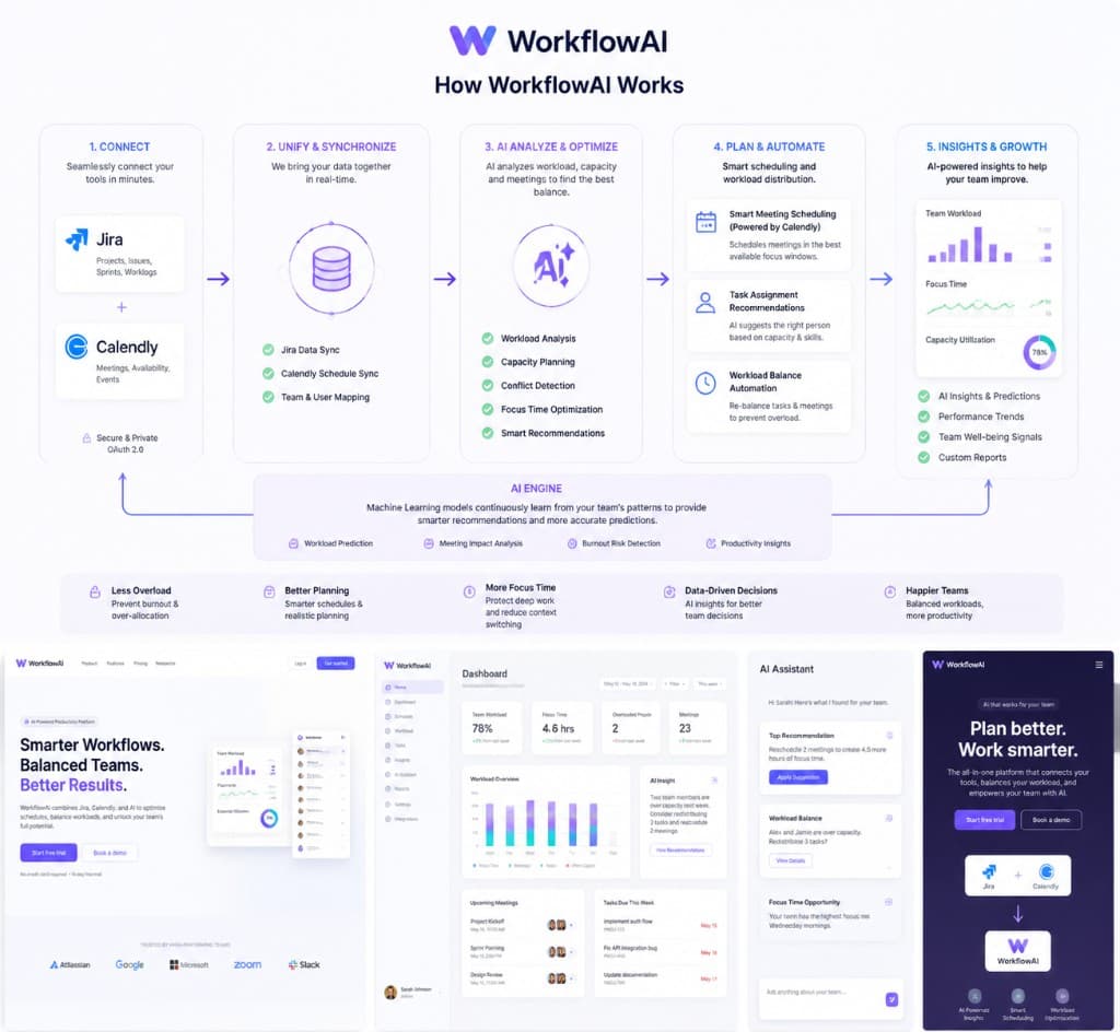 WorkflowAI product screens: landing page, dashboard with workload charts, AI assistant recommendations, and mobile app concept.